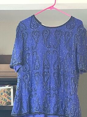 Stenay Women’s Blue Vintage Heavyweight Evening Blouse with Black Swirl Beads XL
